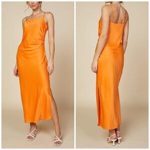 Skies Are Blue Curved Cami Satin Slit Maxi Slip Dress in Sunkissed Orange